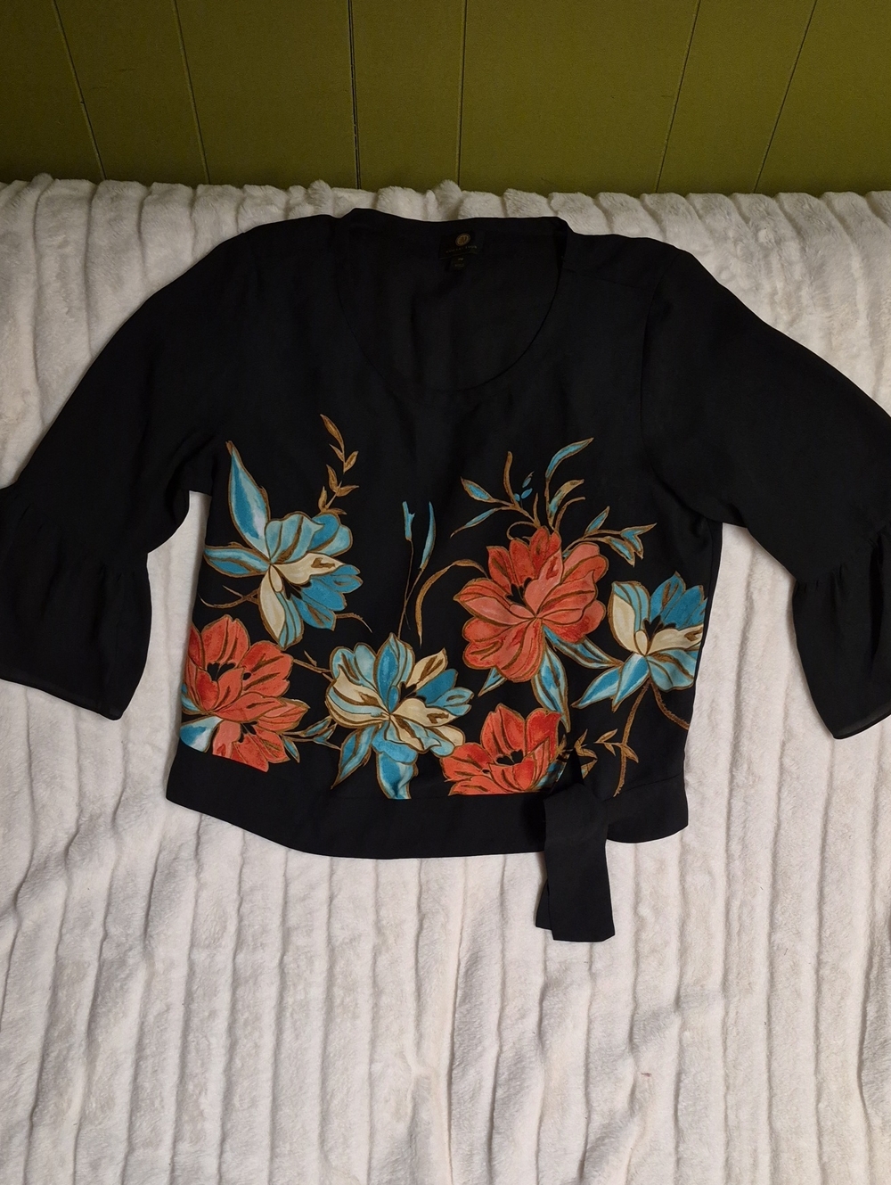 JM Collection Black Floral Tie-Front Blouse with Coral & Teal Accents
